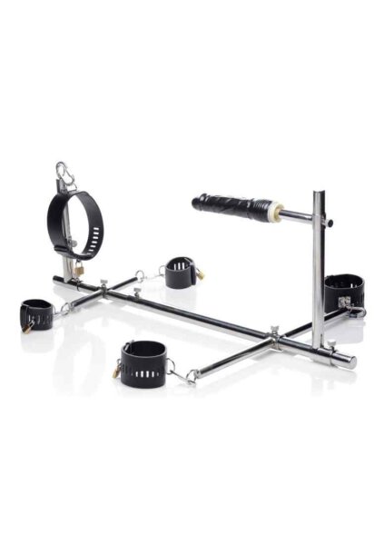 Master Series Imprisoned Metal Stockade with Dildo - Black